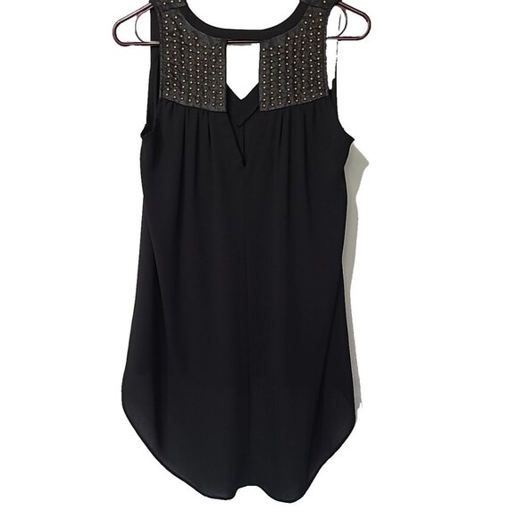 Vintage Y2K Tank Top S Shell Black Studs Hi Low V-Neck Split Back Gauzy - Picture 12 of 12